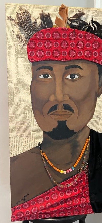 Portrait of a man in a red headband and feathered headdress with beaded jewellery, painted over newsprint
