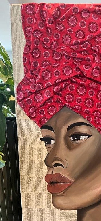 Portrait of a woman wearing a red patterned headwrap, painted over newsprint